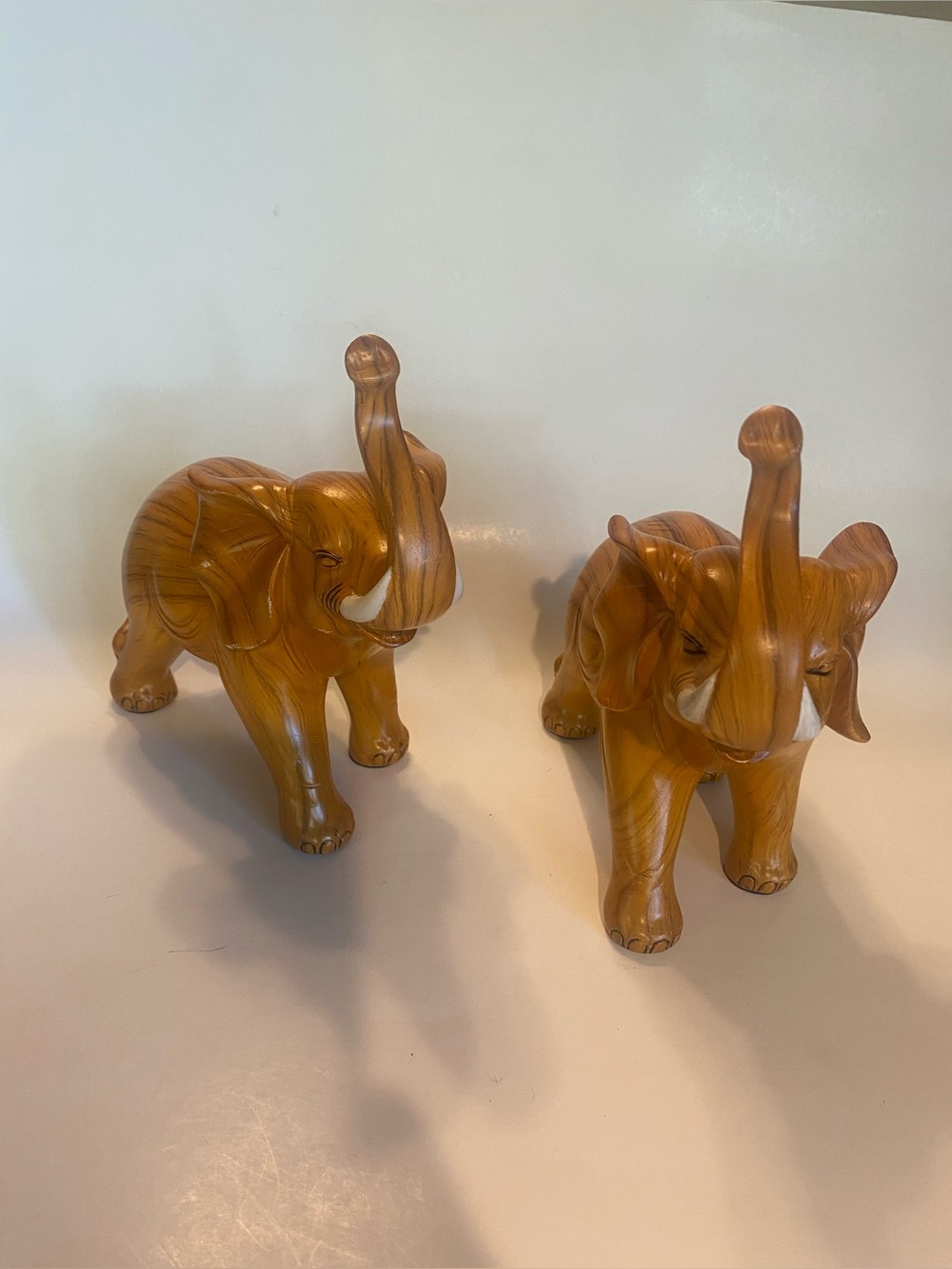 Faux Wood Elephant Figurines Pair Trunk Up Lucky Feng Shui Decor 8” Pls Read